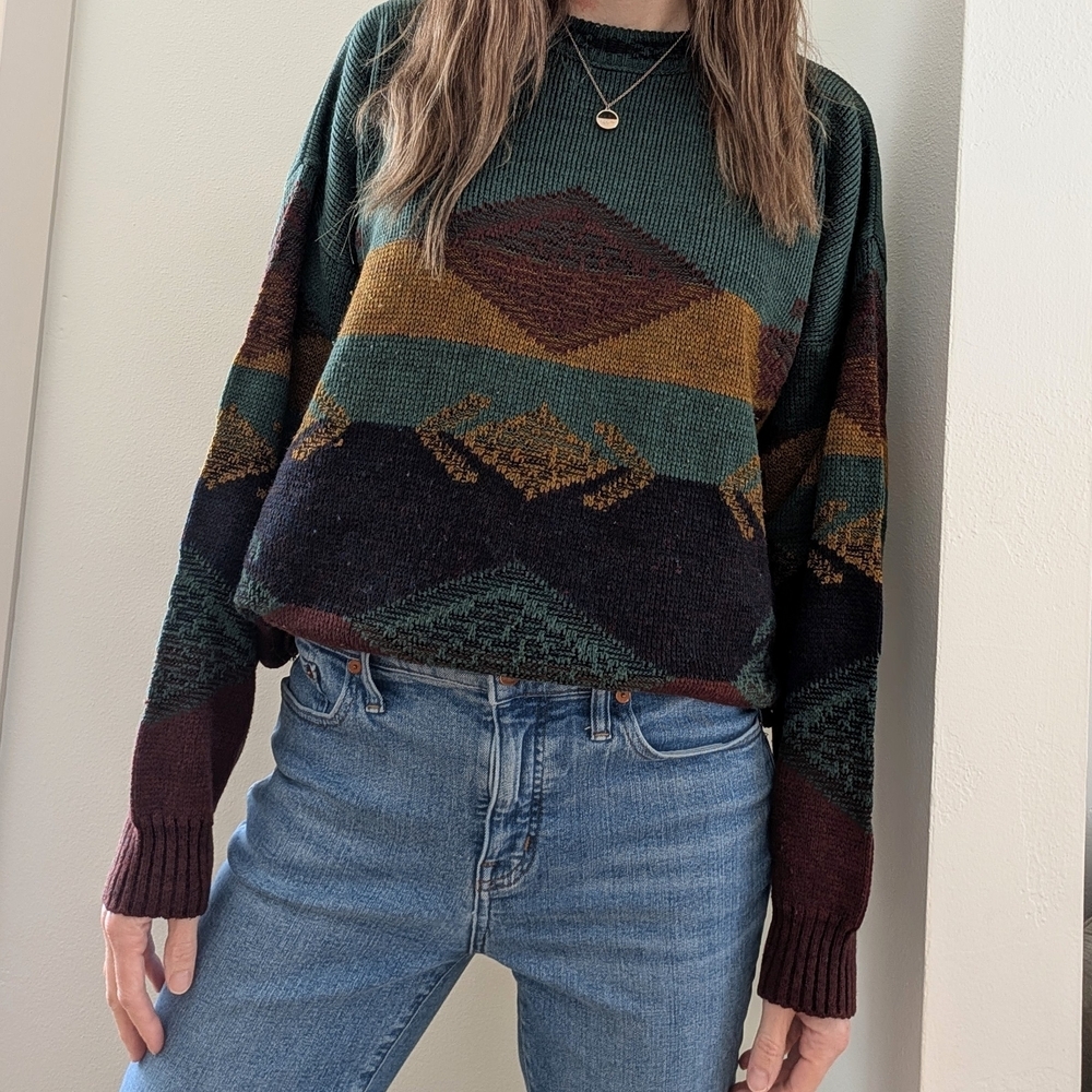 Vintage Abstract Southwestern Patterned Sweater In Green/Burgundy